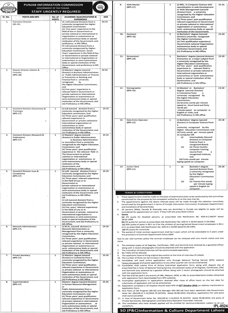 Punjab Information Commission PIC Jobs September 2019 NTS Application Form