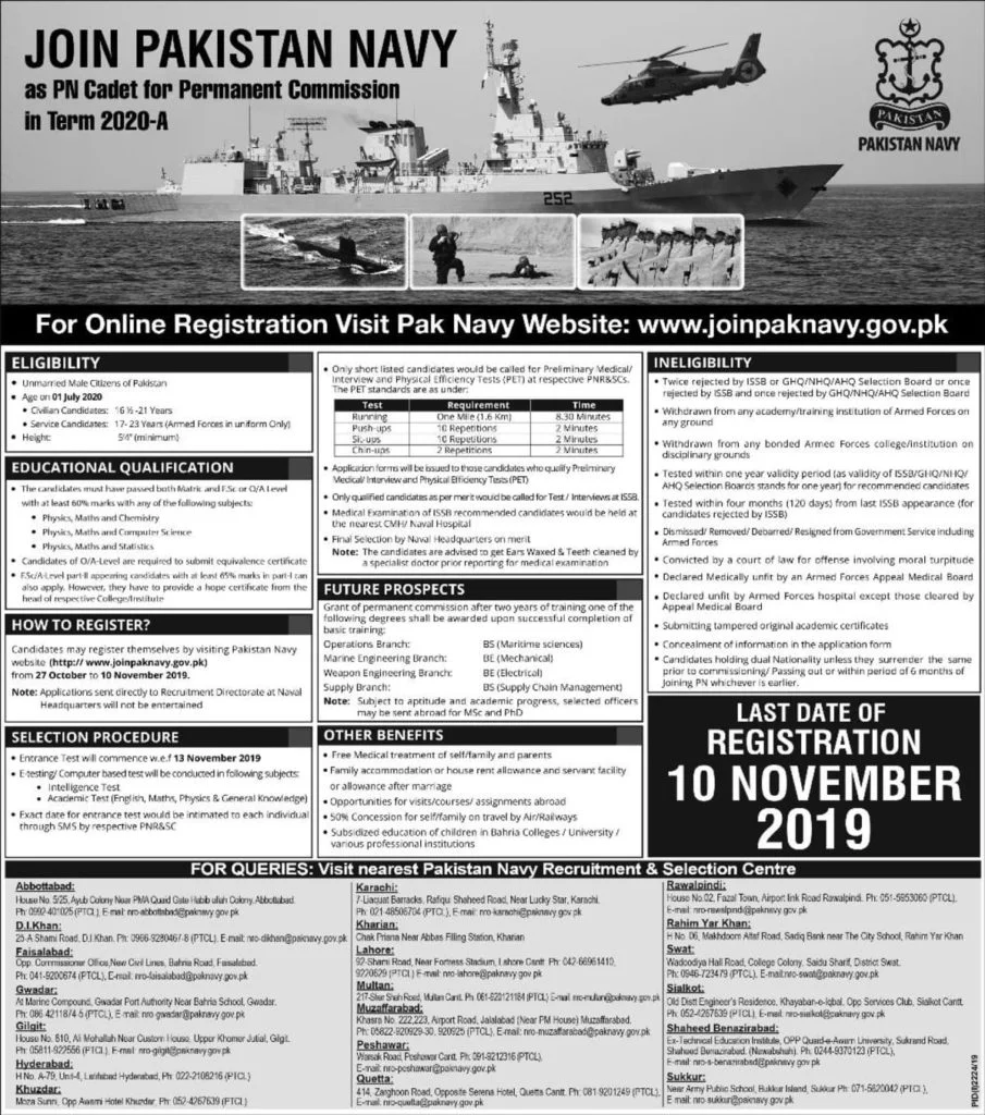 Join Pakistan Navy Jobs 2019 Latest PN Cadet Permanent Commission Advertisement Online Registration www.joinpaknavy.gov.pk