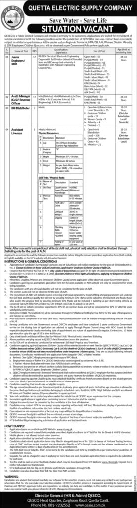 Quetta Electric Supply Company QESCO Wapda Jobs October 2019 NTS Quetta Electric Supply Company QESCO Wapda Jobs October 2019 NTS