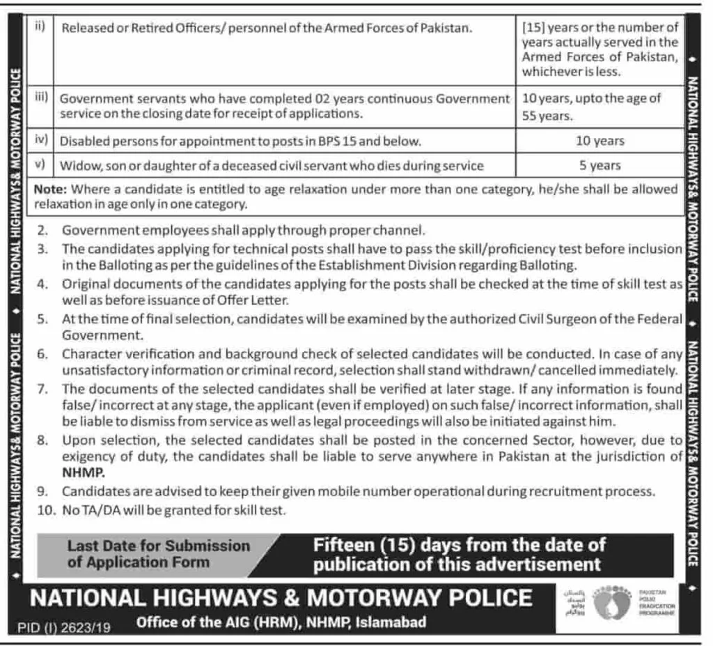 National Highways and Motorway Police NHMP Jobs November 2019 Ministry of Communications Federal Government of Pakistan 2