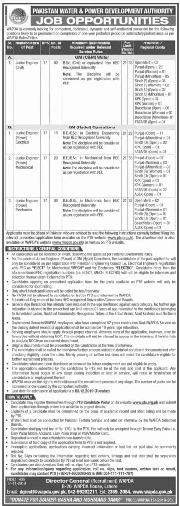 Pakistan Water and Power Development Authority Wapda Jobs November 2019 Apply Online PTS Latest Advertisement Pakistan Water and Power Development Authority Wapda Jobs November 2019 Apply Online PTS Latest Advertisement