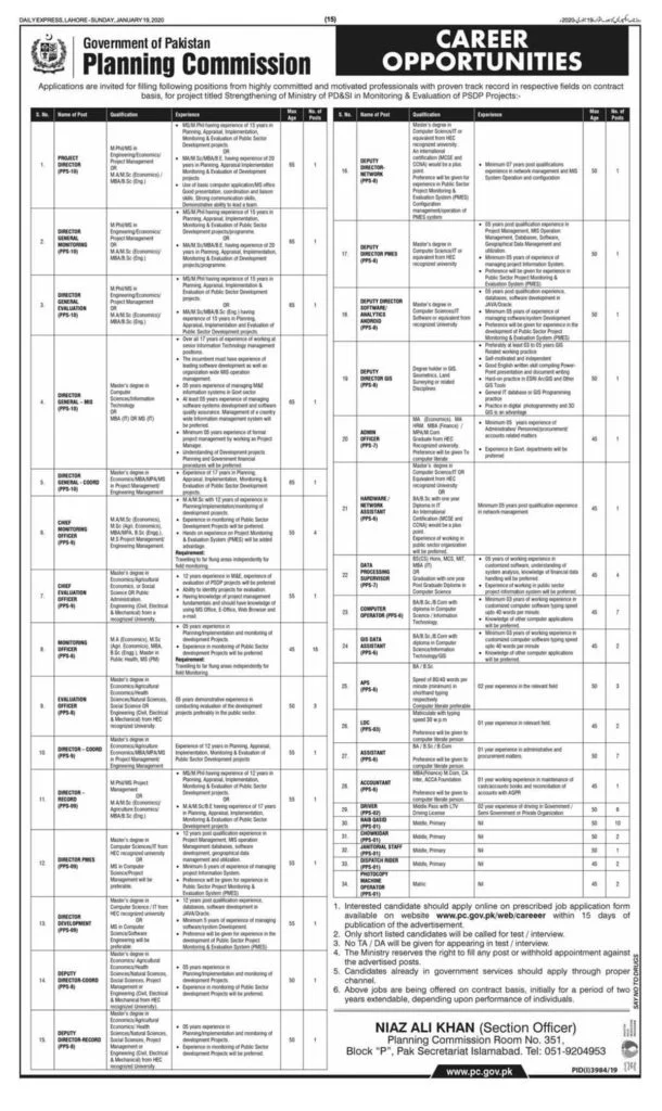Government of Pakistan Planning Commission Jobs January 2020