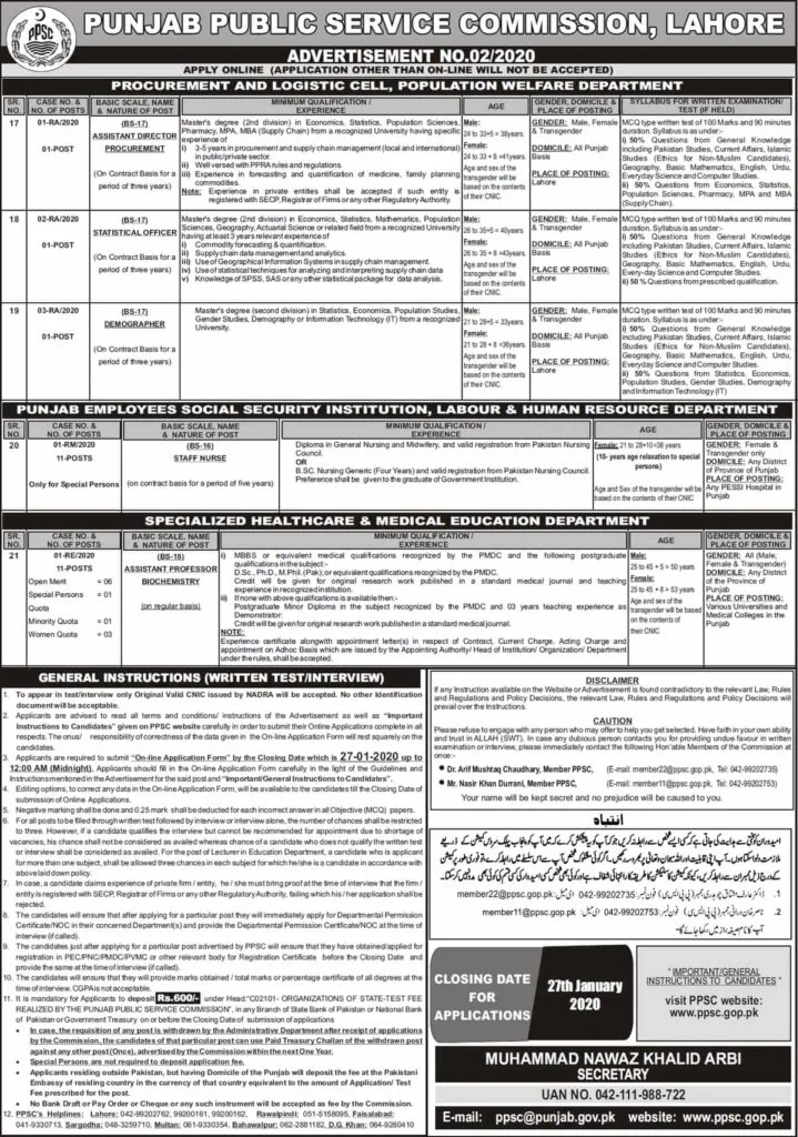 Punjab Public Service Commission PPSC Jobs Advertisement No 02 2020 Apply Online Latest