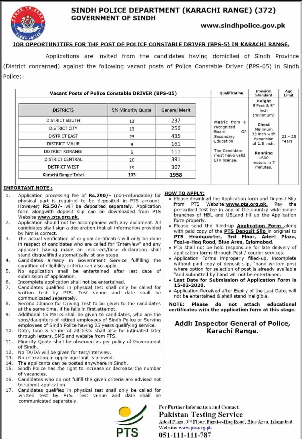 Sindh Police Department Constable Jobs 2020 Application Form PTS 2