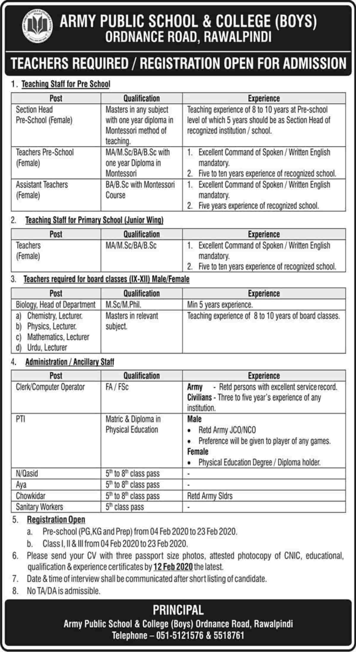 Army Public School and College APSAC Rawalpindi Jobs February 2020