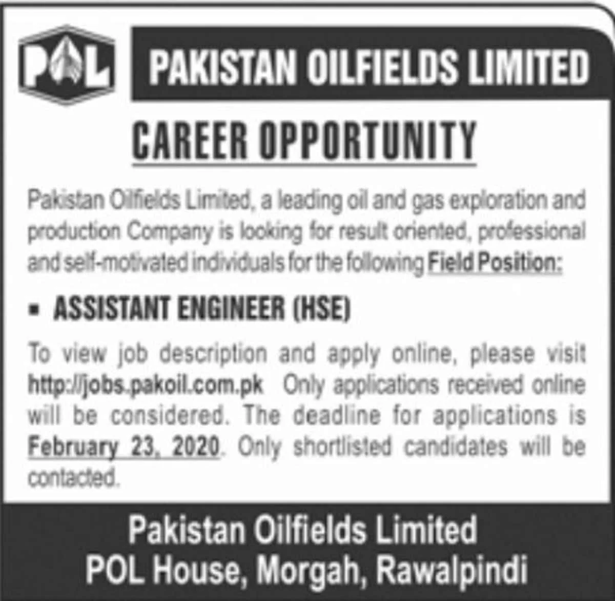 Pakistan Oilfields Limited POL Assistant Engineer Jobs 2020 Apply Online