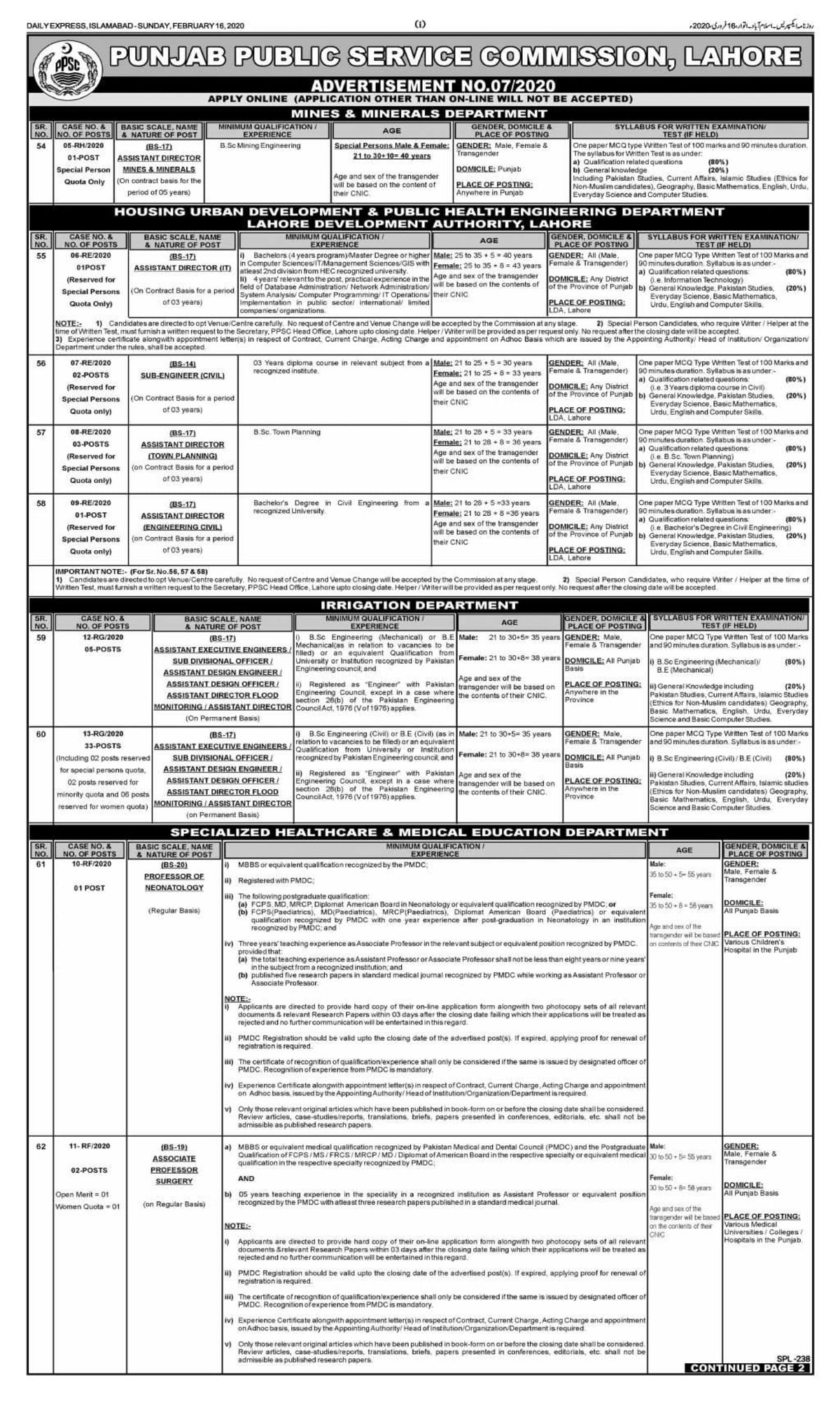 Punjab Public Service Commission PPSC Jobs 2020 Advertisement No 7 a