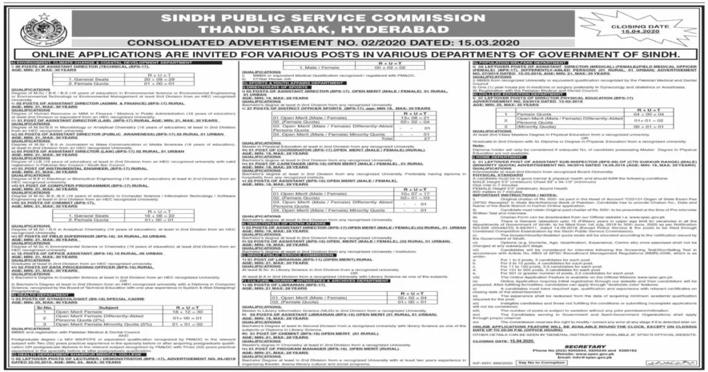 Featured Image Sindh Public Service Commission SPSC Jobs Advertisement No 2 2020 Apply Online Latest