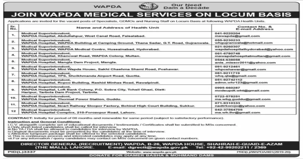 Featured Image Join WAPDA Medical Services Jobs 2020 for Specialists GDMOs and Nursing Staff