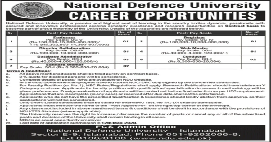 Featured Image National Defence University NDU Islamabad Jobs April 2020 Application Form Latest