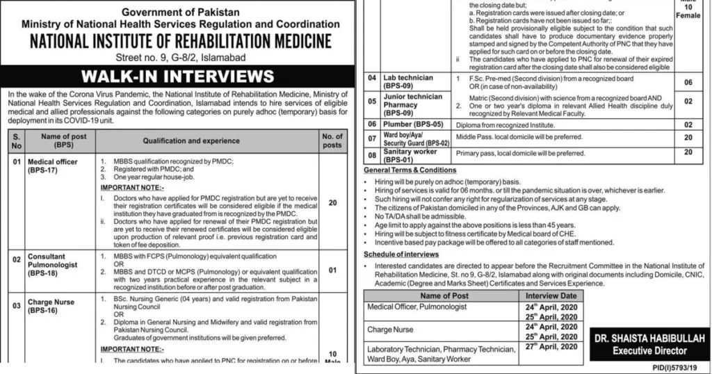 Featured Image National Institute of Rehabilitation Medicine NIRM Islamabad Jobs 2020 Walk in Interview