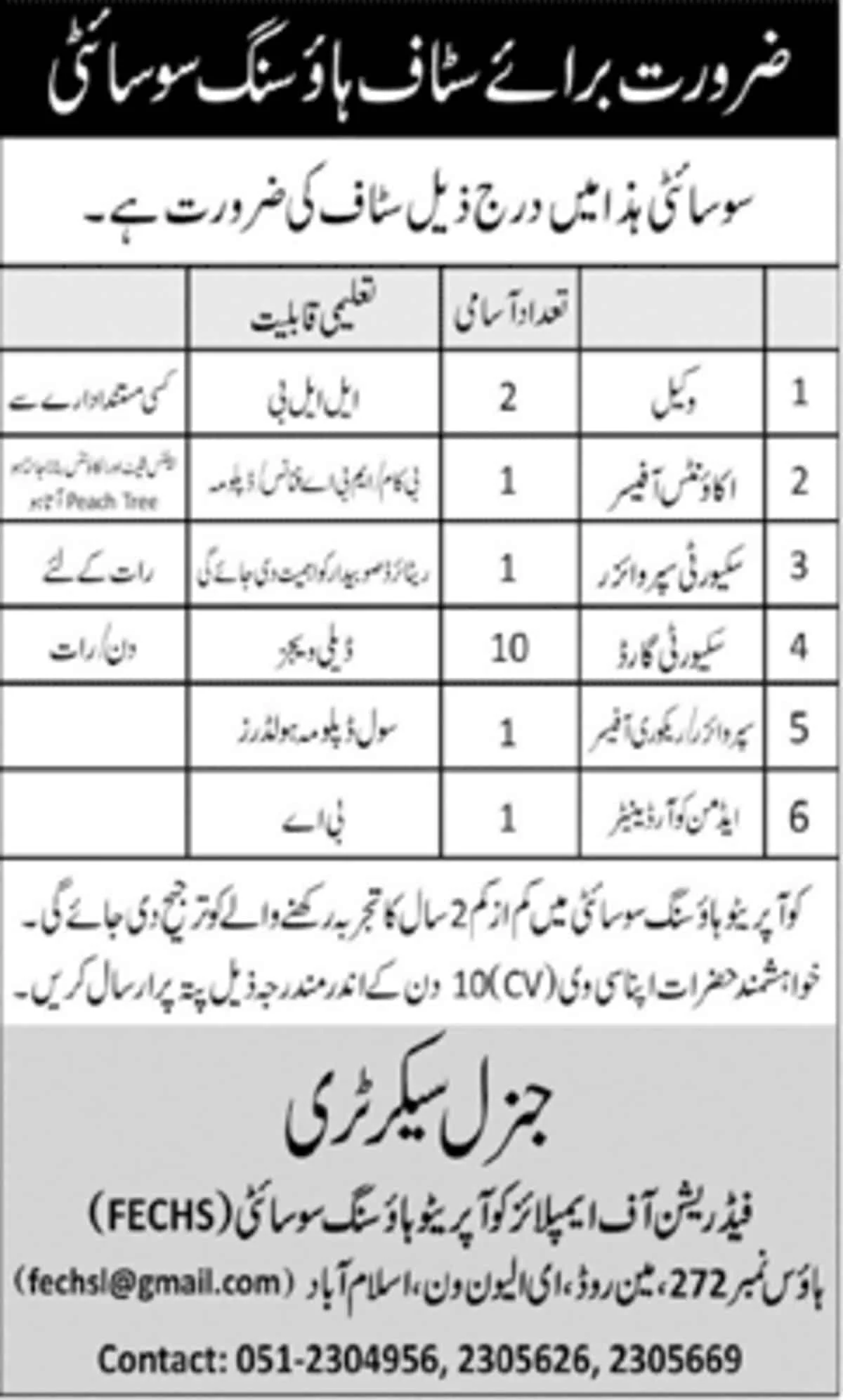 Federation of Employees Cooperative Housing Society FECHS Jobs April 2020