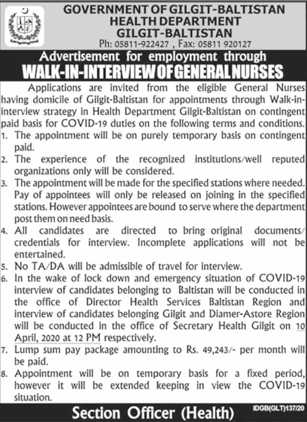 Health Department Government of Gilgit Baltistan Jobs 2020 Walk in Interview