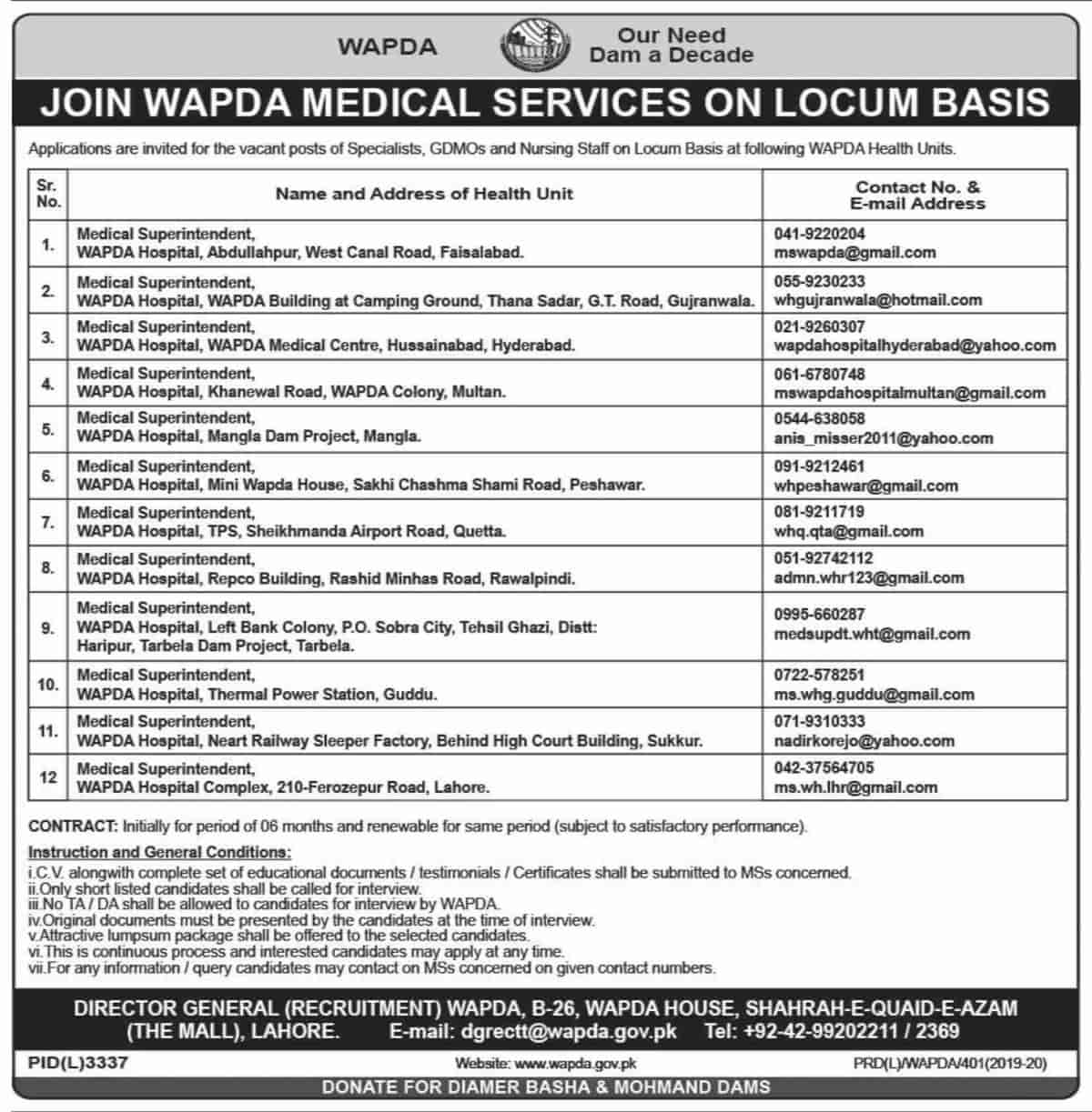 Join WAPDA Medical Services Jobs 2020 for Specialists GDMOs and Nursing Staff