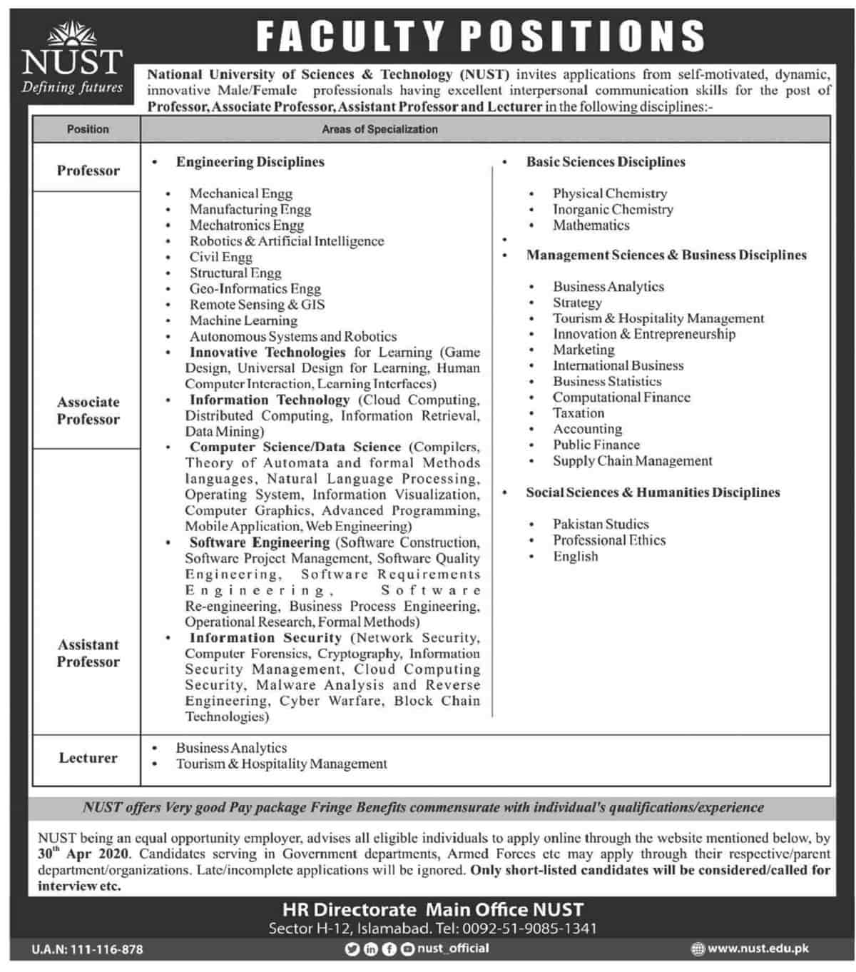 NUST University Islamabad Teaching Jobs April 2020 hr.nust.edu.pk Apply Online