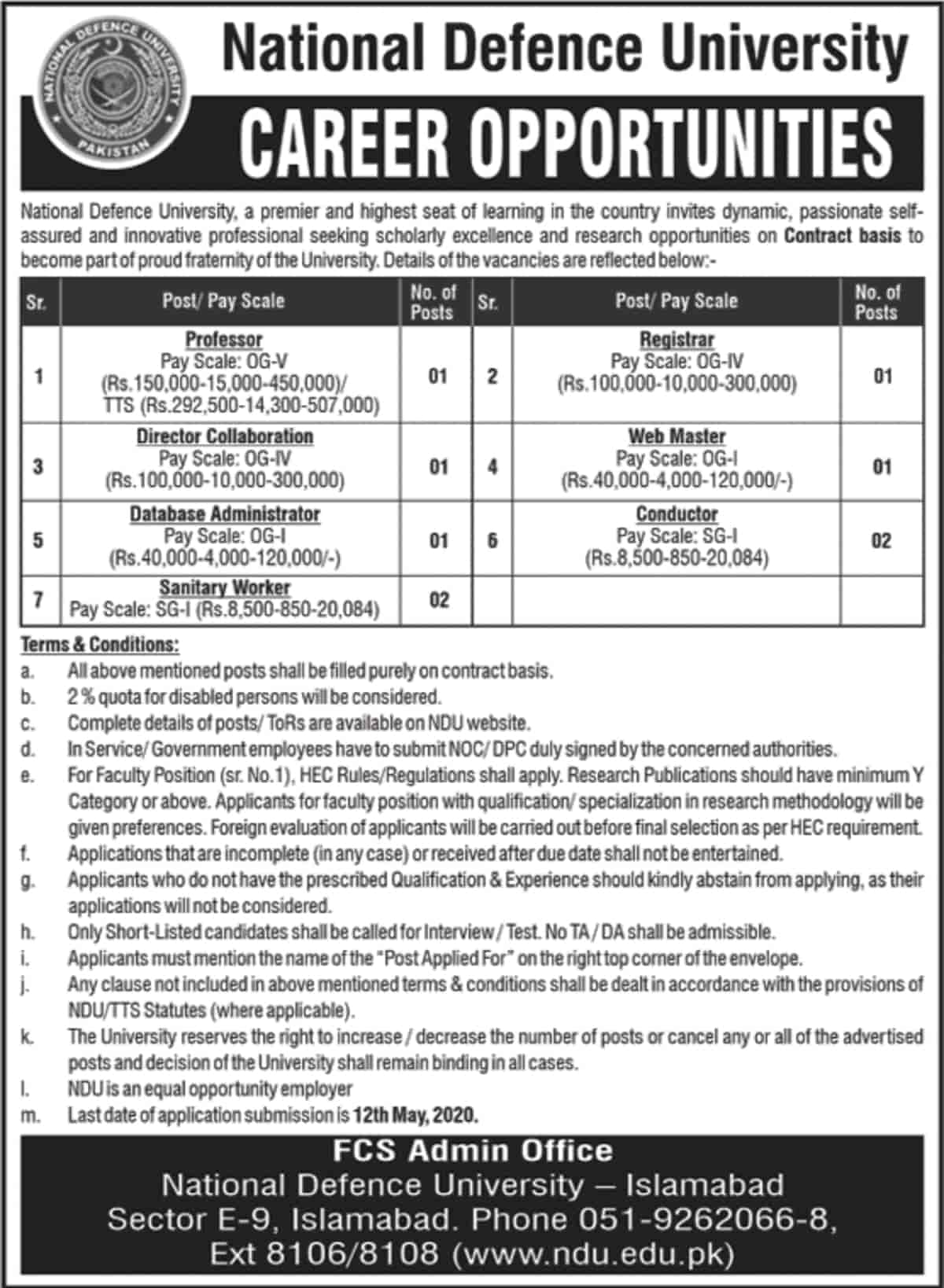National Defence University NDU Islamabad Jobs April 2020 Application Form Latest