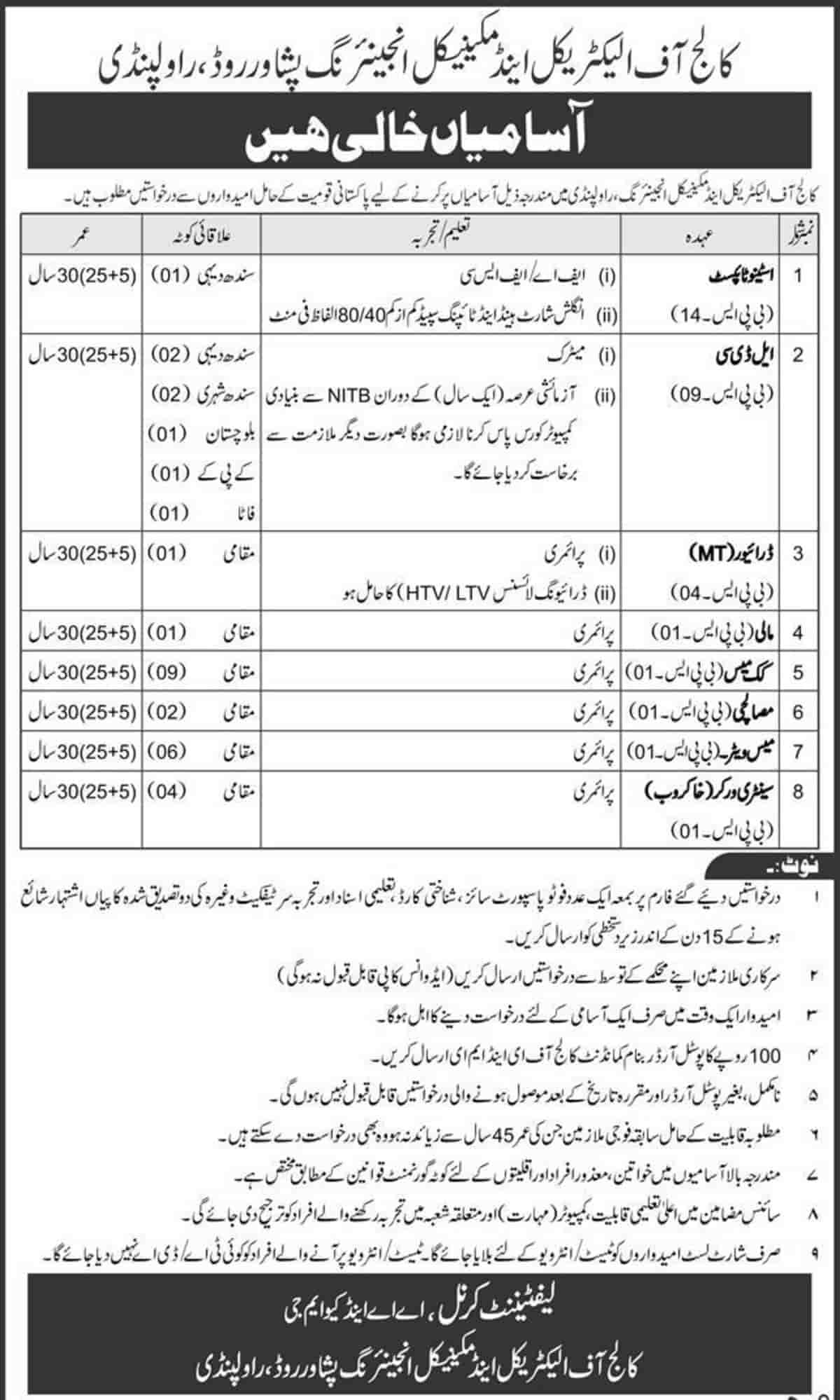 Pakistan Army EME College Rawalpindi Jobs April 2020 Application Form