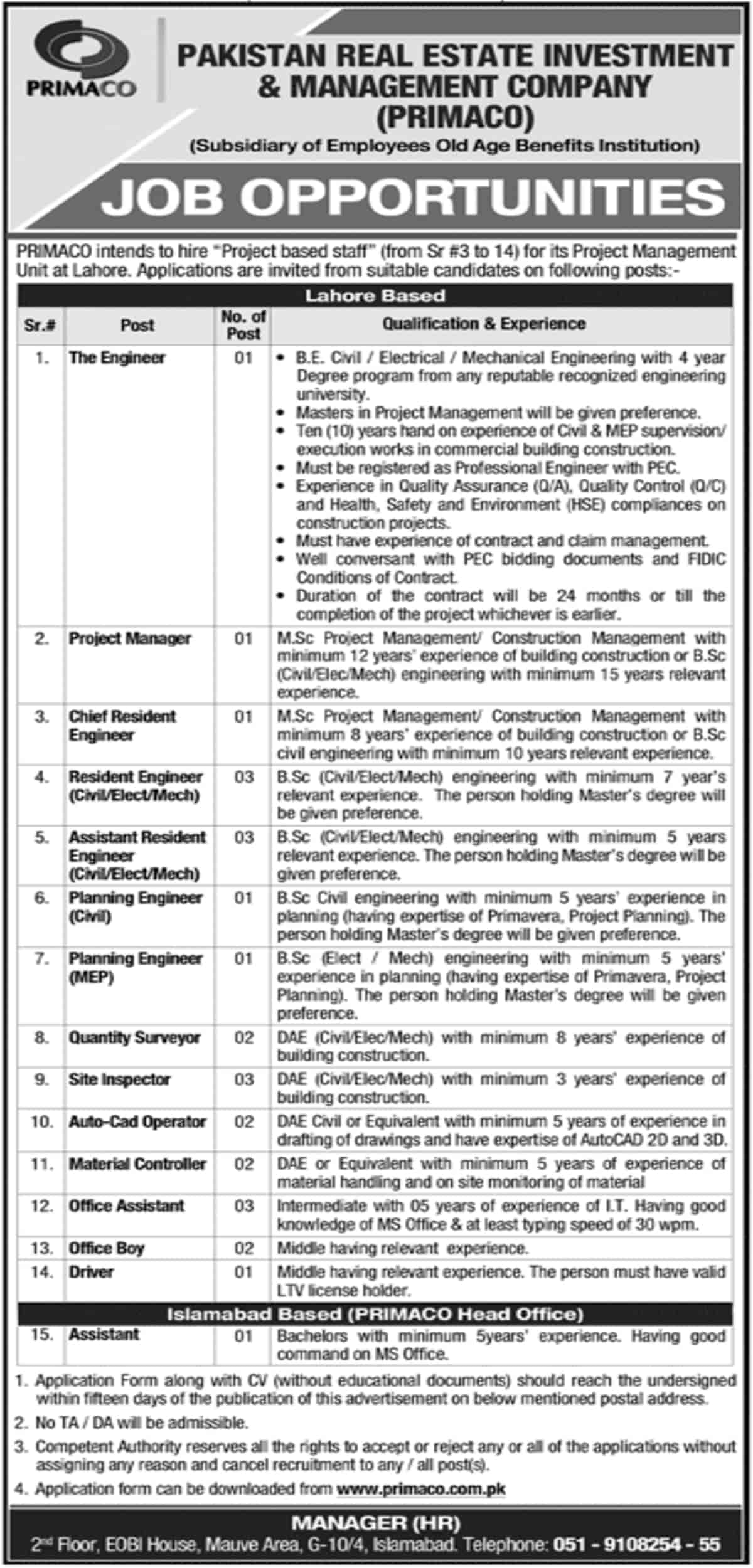 Pakistan Real Estate Company Primaco Jobs 2020 Application Form