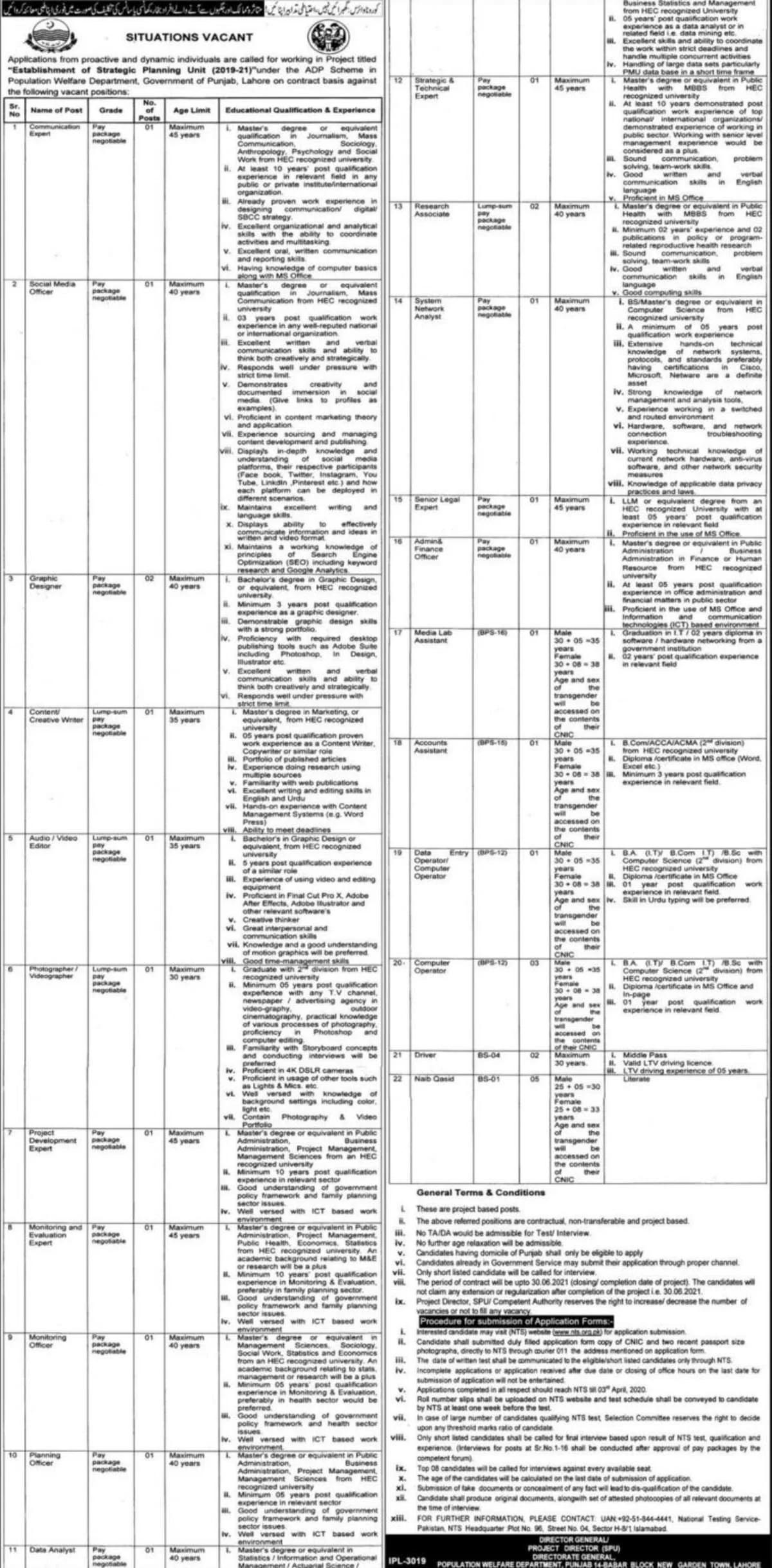 Population Welfare Department Punjab Jobs April 2020 SPU NTS Latest
