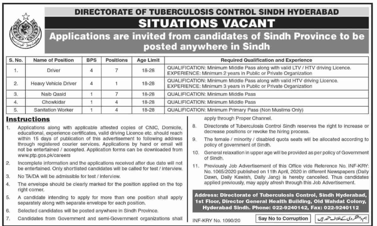 Sindh Government Directorate of TB Control Jobs 2020 Application Form