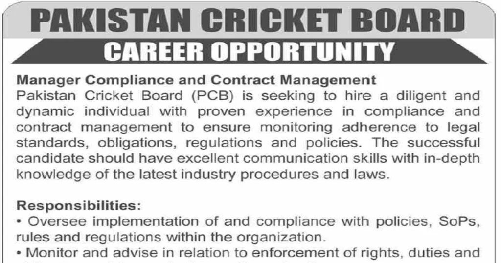 Featured Image Pakistan Cricket Board PCB Jobs 2020 for Manager Compliance and Contract Management
