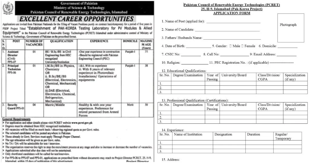 Featured Image Pakistan Council of Renewable Energy Technologies PCRET Jobs 2020 Application Form