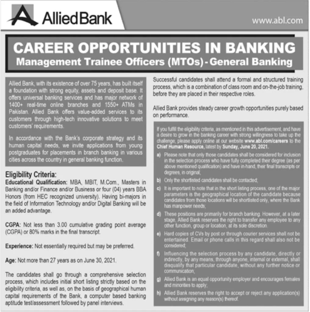 Allied Bank Limited ABL Jobs 2021 as MTO www.abl.com/careers Apply Online