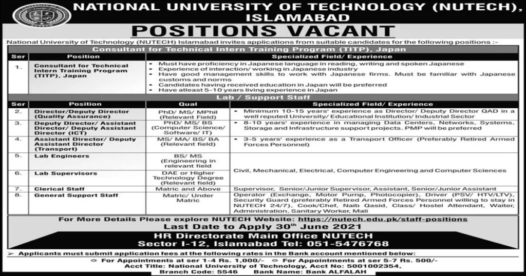 Facebook Image National University of Technology NUTECH University Islamabad Jobs June 2021