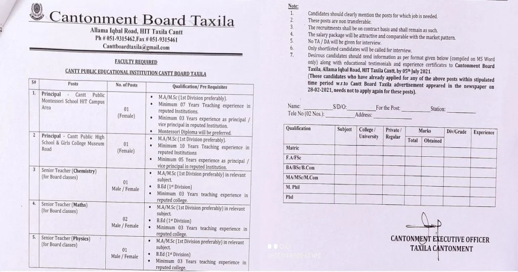 Featured Image Cantonment Board HIT Taxila Cantt School Teaching Jobs 2021 Latest