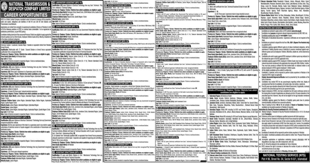 Featured Image National Transmission & Despatch Company NTDC Jobs 2021 NTS Apply Online
