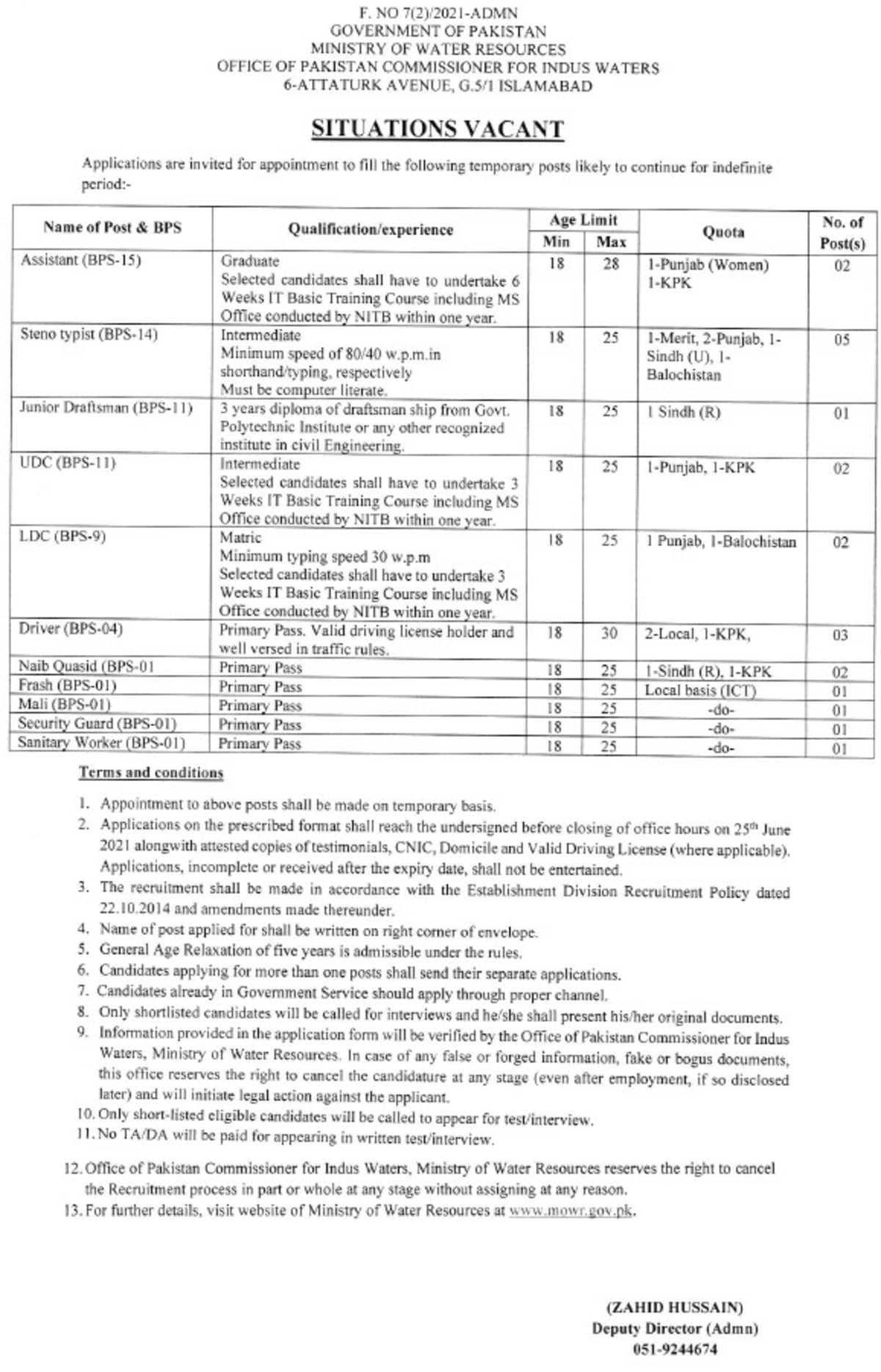 Ministry of Water and Resources MOWR Islamabad Jobs 2021 Application Form Latest