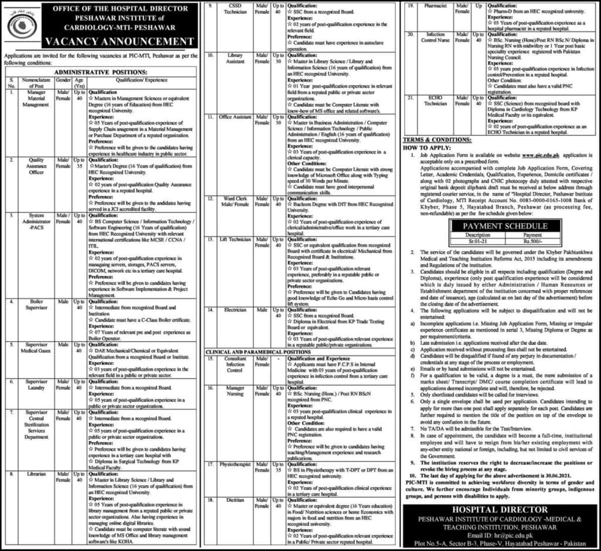 Peshawar Institute of Cardiology pic.edu.pk Jobs 2021 Latest Advertisement