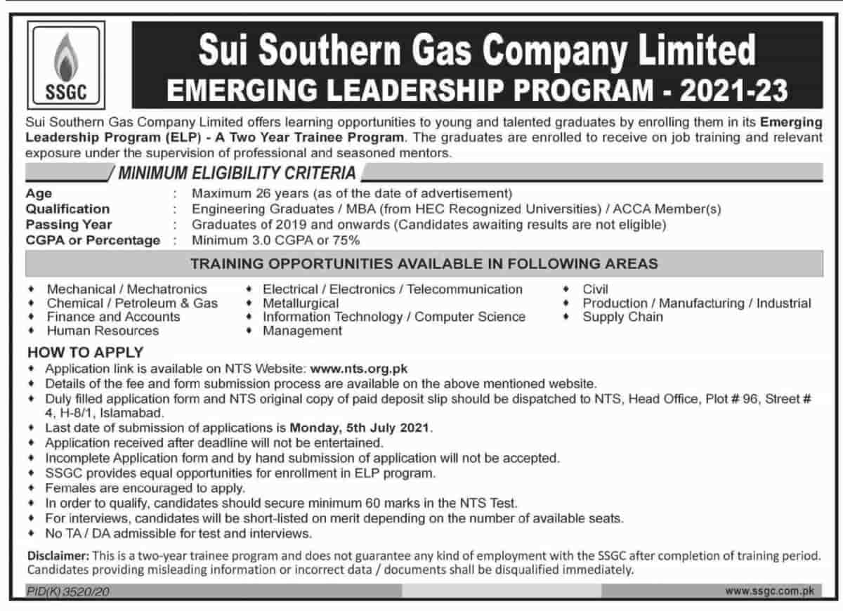 Sui Southern Gas Company Limited SSGC Jobs 2021 Emerging Leadership Program NTS Apply Online