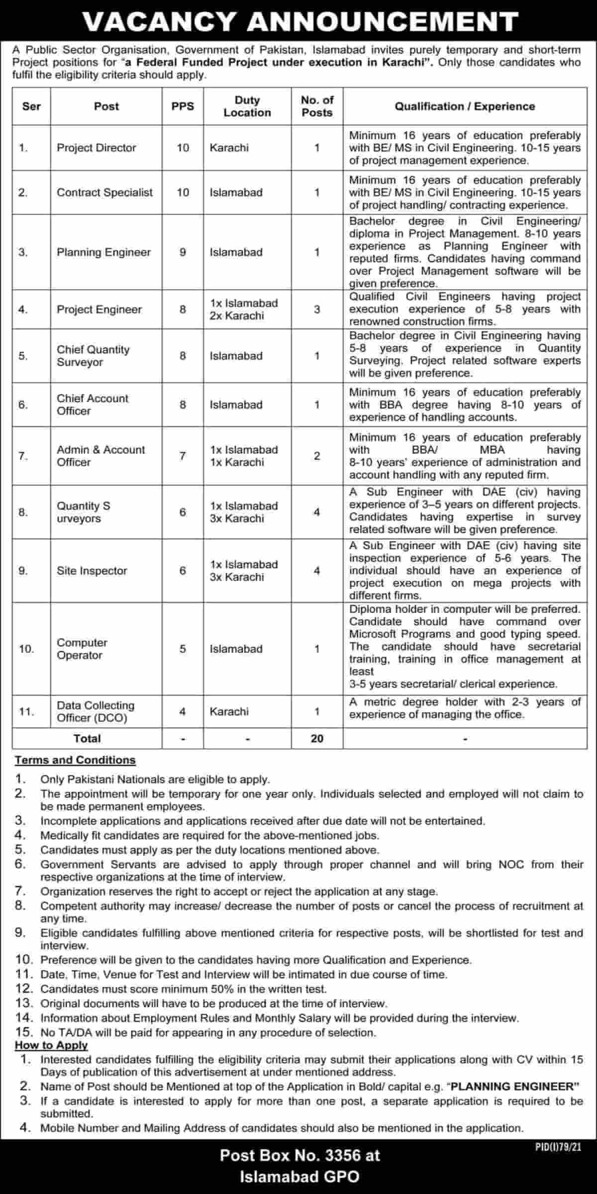 PO Box 3356 Islamabad GPO Public Sector Organization Jobs 2021 Application Form