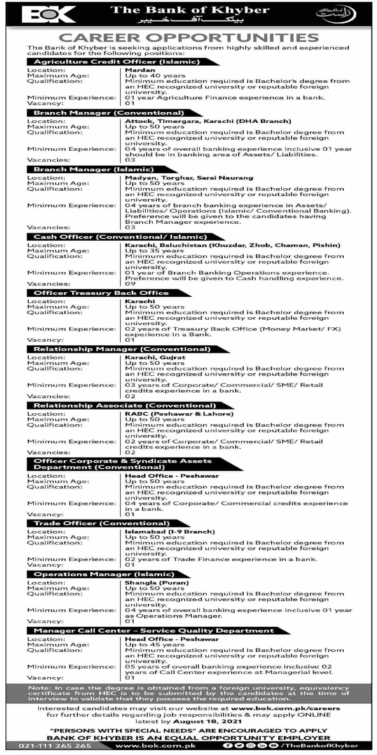 Bank of Khyber BOK Jobs 2021 www.bok.com.pk Apply Online