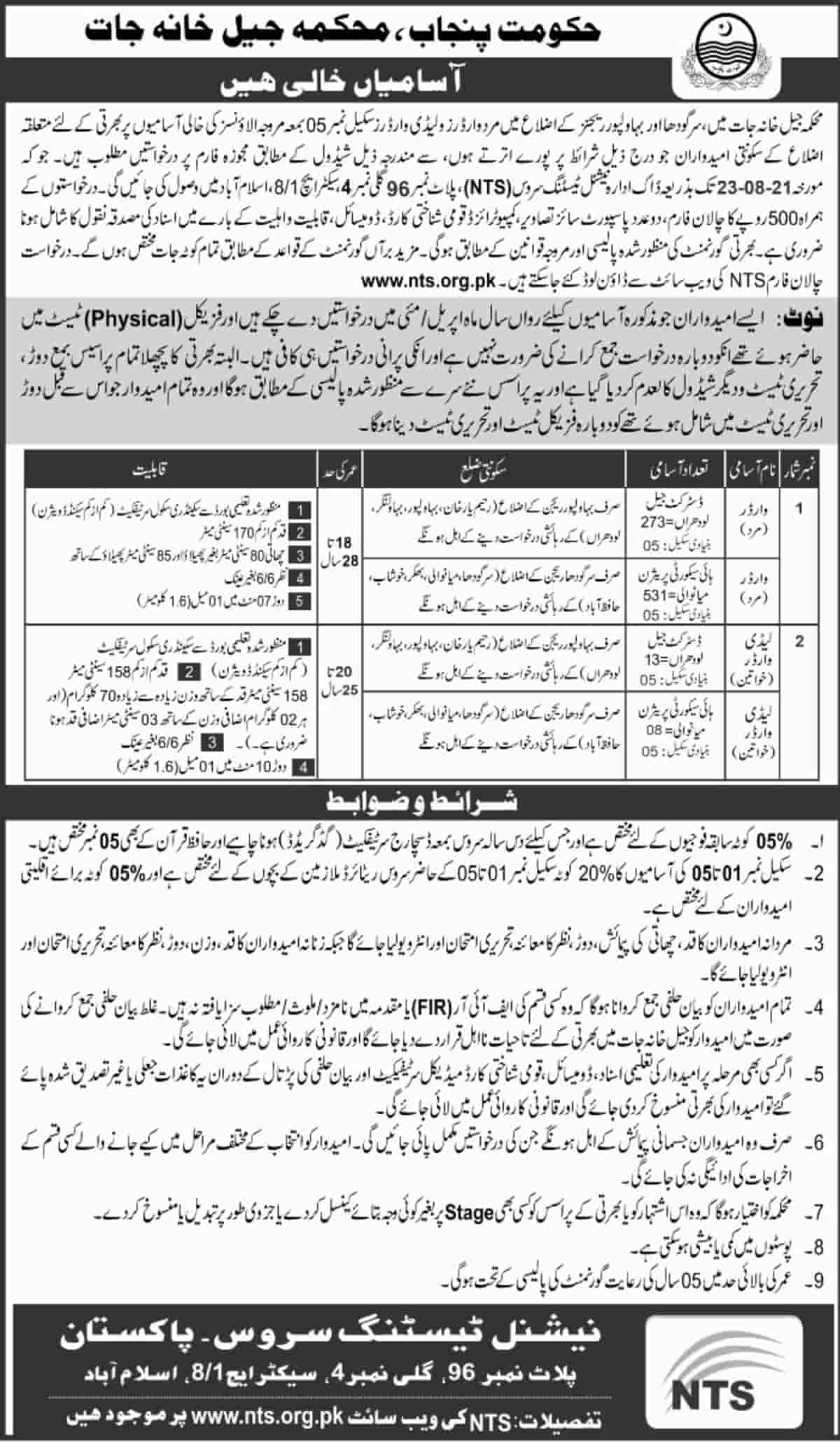 Punjab Prisons Department Jail Police Jobs August 2021 NTS Jail Warder Punjab Prisons Department Jail Police Jobs August 2021 NTS Jail Warder