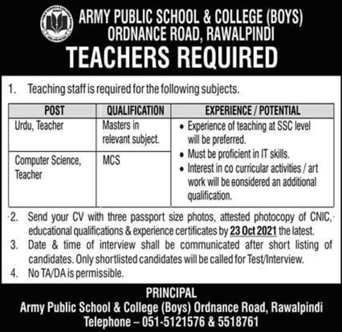 Army Public School And College Aps Ordnance Road Rawalpindi Teaching Jobs 2021
