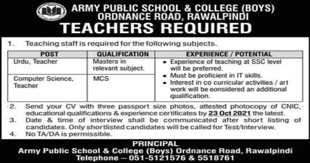 Featured Image Army Public School and College APS Ordnance Road Rawalpindi Teaching Jobs 2021