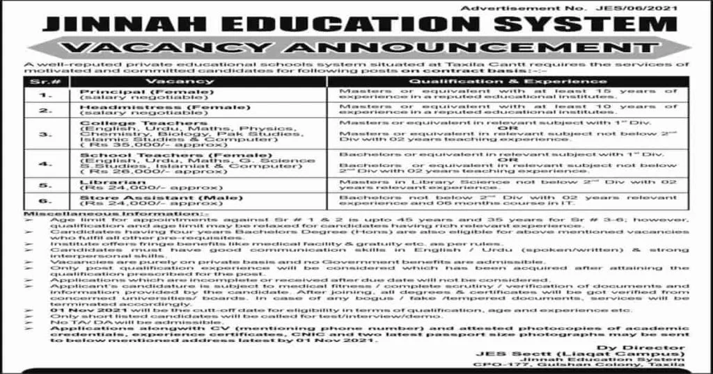 Featured Image Jinnah Education System Taxila Cantt Jobs 2021 Admin, Teaching and Support Staff