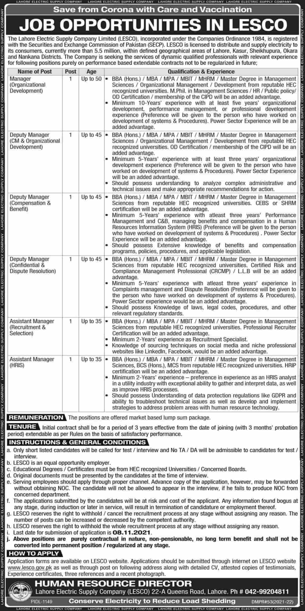 Lahore Electric Supply Company Limited LESCO Jobs 2021 Apply Online