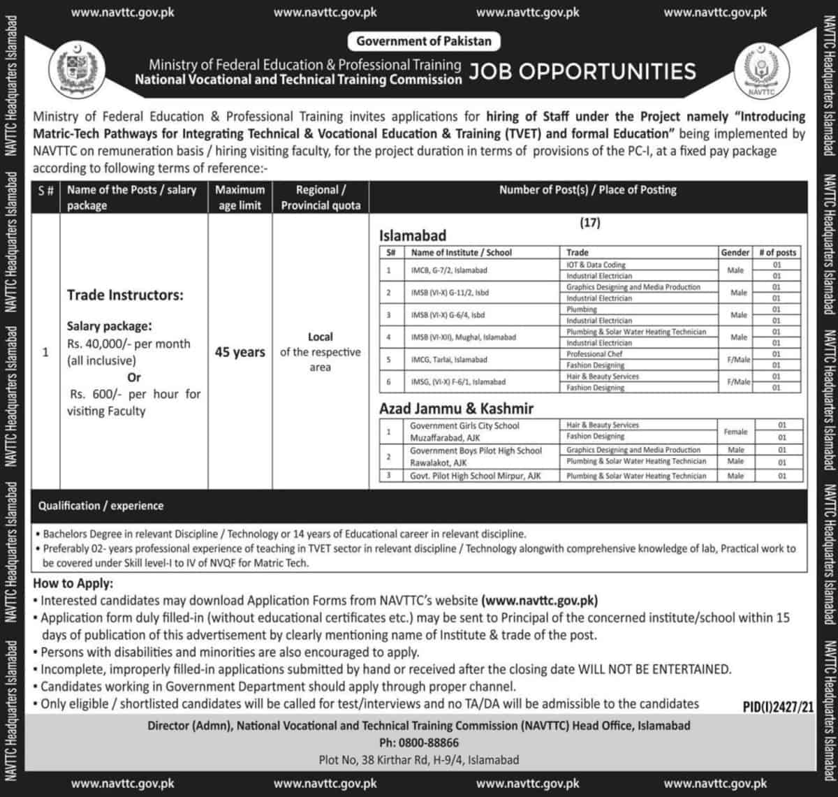 Ministry of Federal Education and Professional Training NAVTTC Jobs 2021