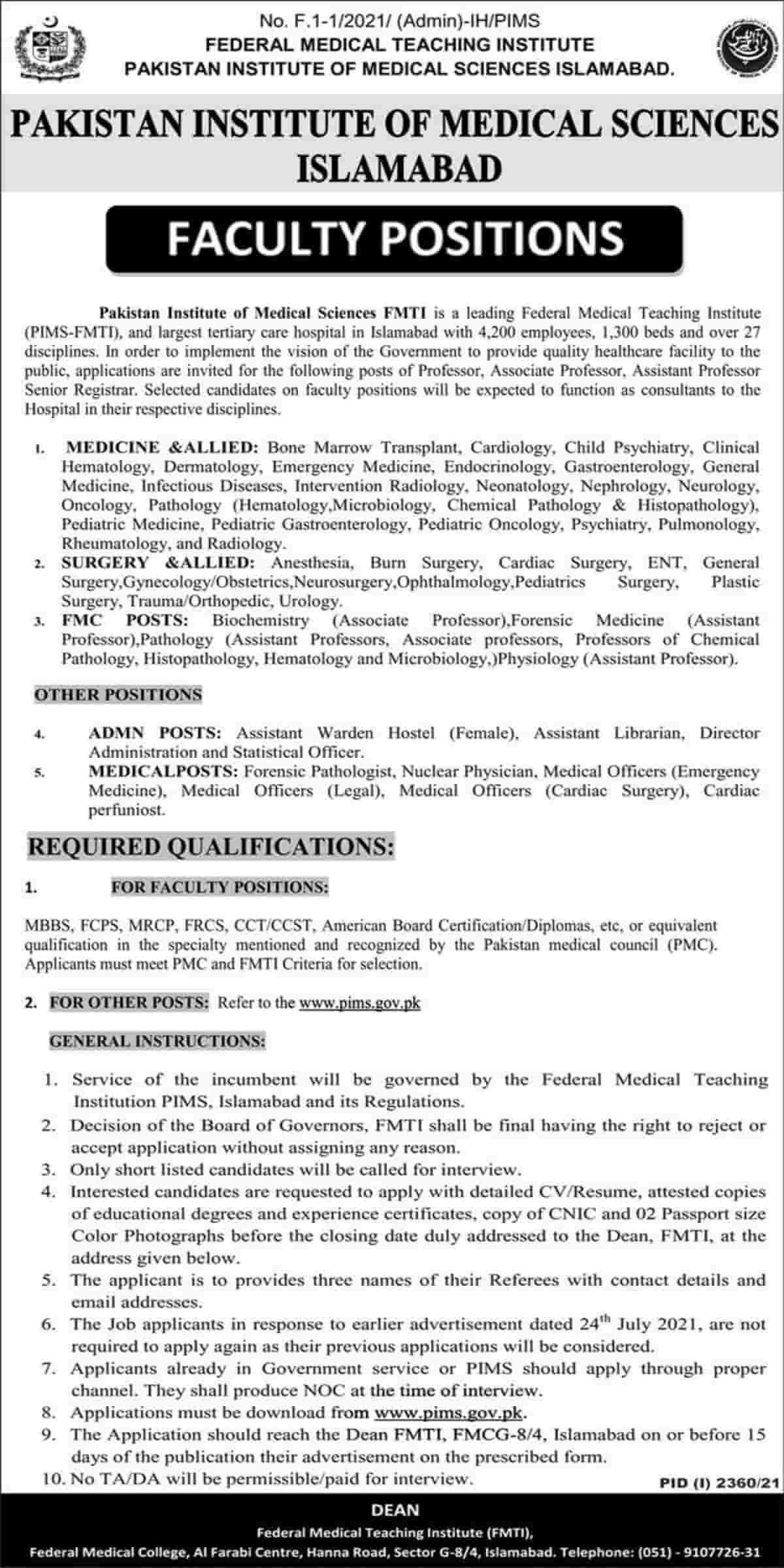 Pakistan Institute of Medical Sciences PIMS Islamabad Jobs 2021 www.pims.gov.pk 1
