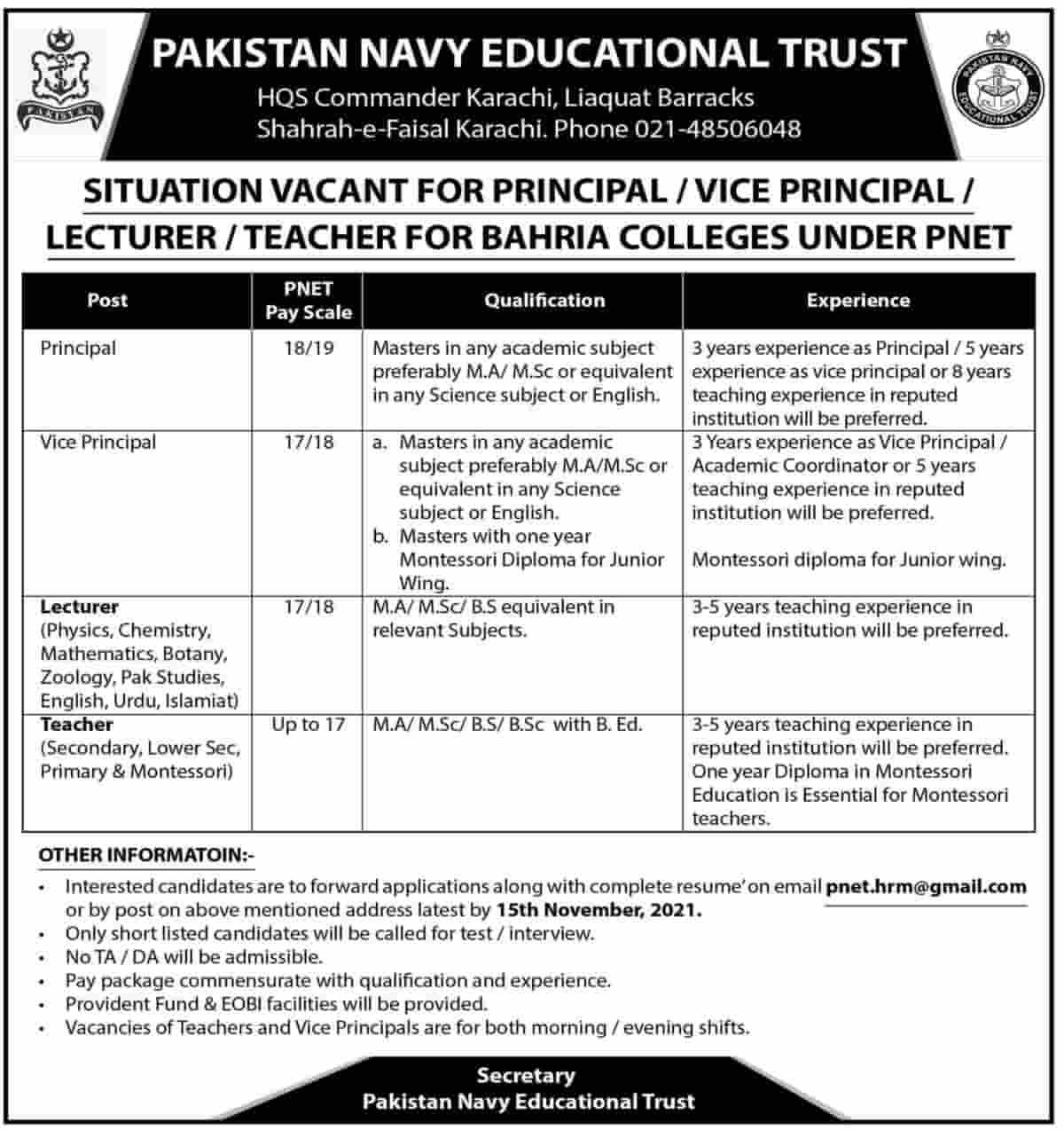 Pakistan Navy Educational Trust PNET Bahria Colleges Jobs 2021