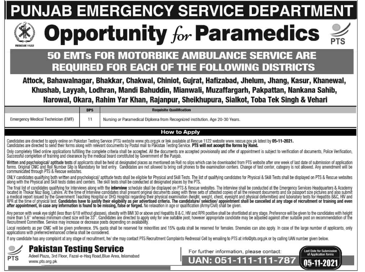 Rescue 1122 Jobs 2021 PTS Punjab Emergency Service Department