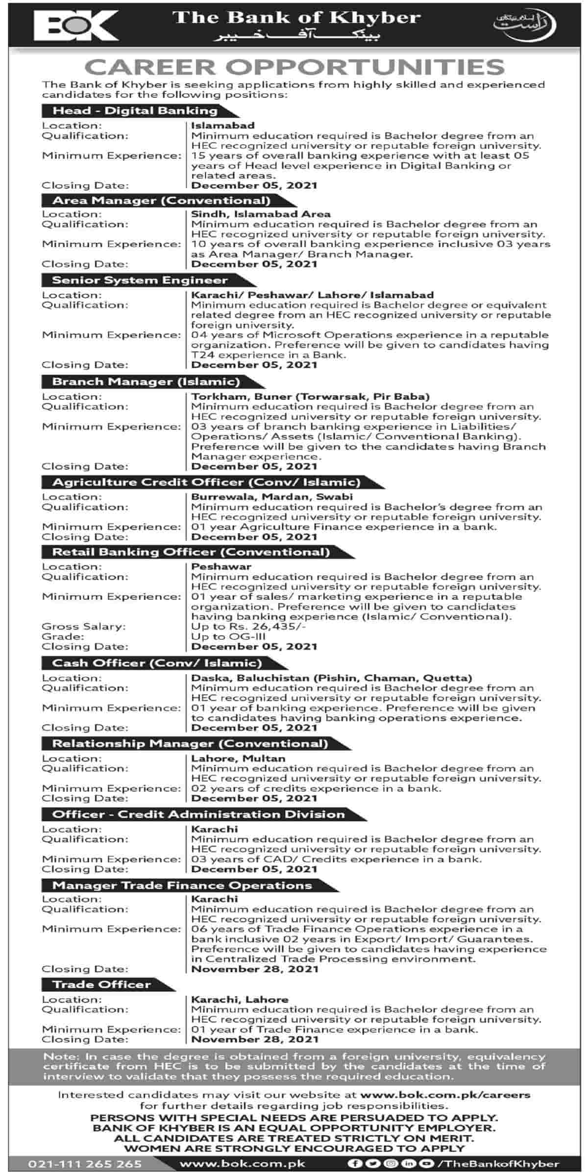 Bank of Khyber BOK Jobs 2021 Apply Online www.bok.com.pk/careers