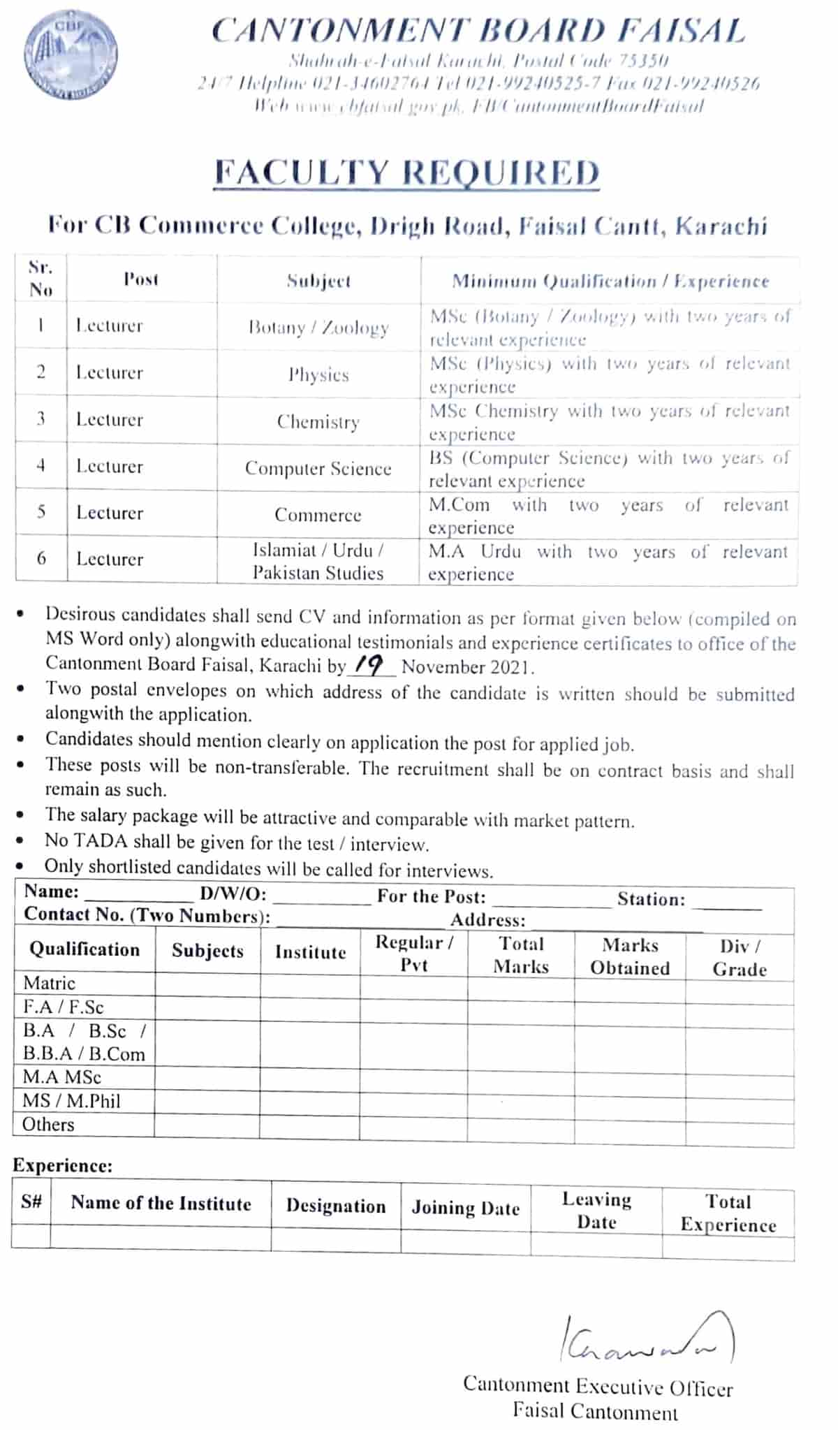 Cantonment Board Faisal Karachi CB College Lecturer Jobs 2021