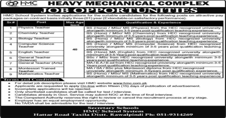 Heavy Mechanical Complex HMC School System Teaching Taxila Jobs 2021 ...