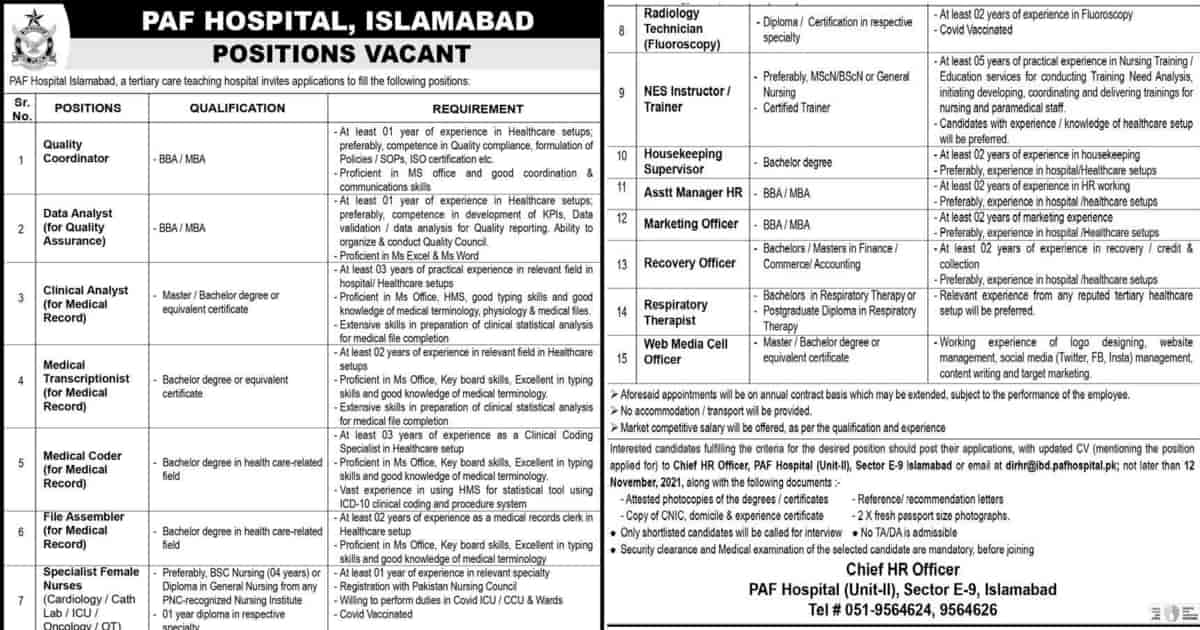 Featured Image Paf Hospital Islamabad Jobs 2021 Latest Advertisement