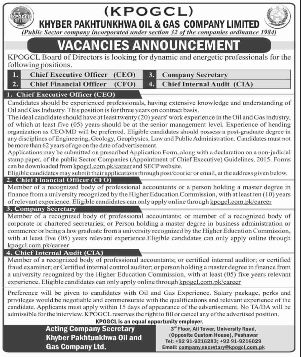 Khyber Pakhtunkhwa Oil and Gas Company Limited KPOGCL Jobs 2021
