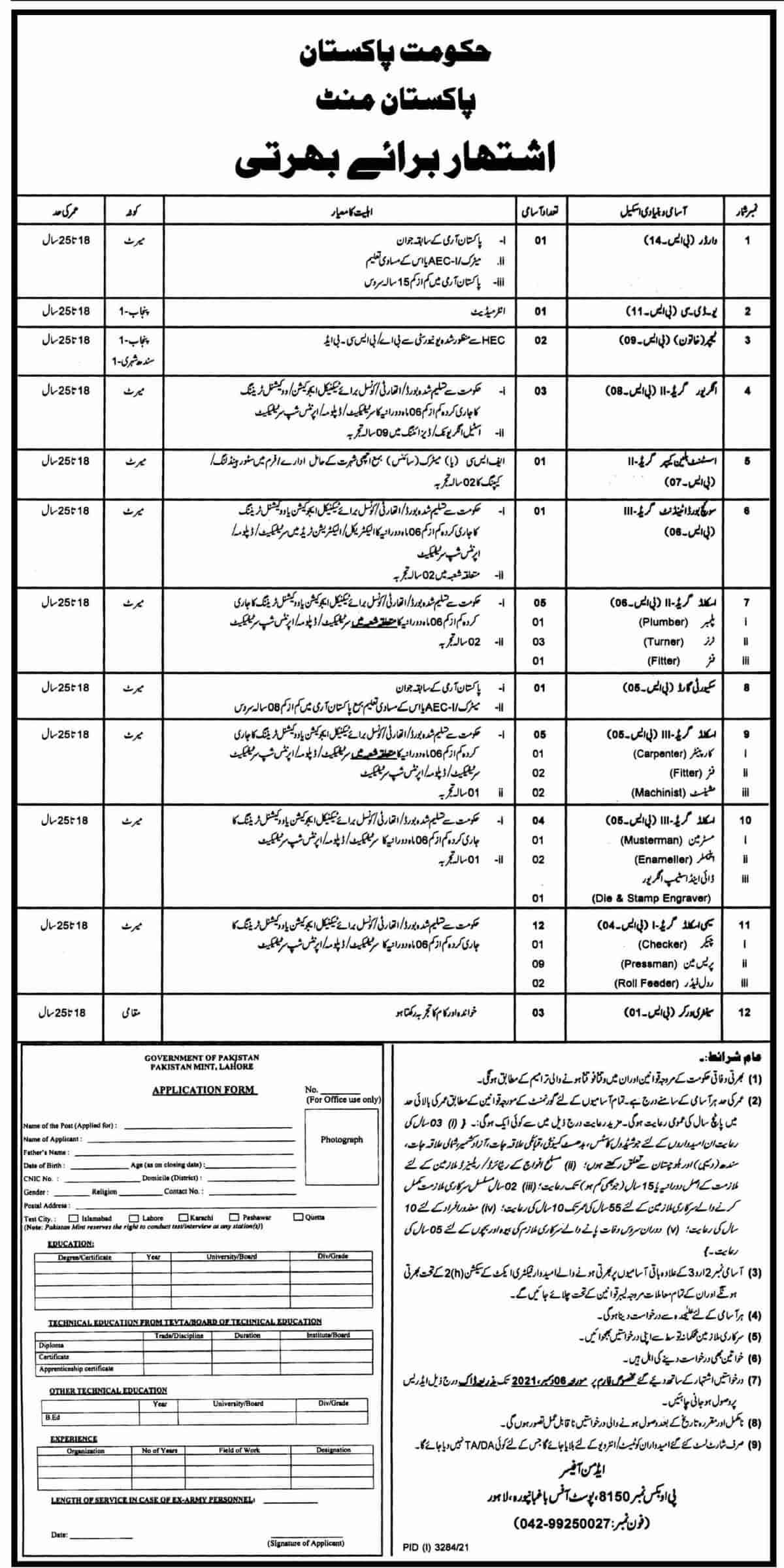 Pakistan Mint Jobs 2021 Government of Pakistan PO Box 8150 Lahore